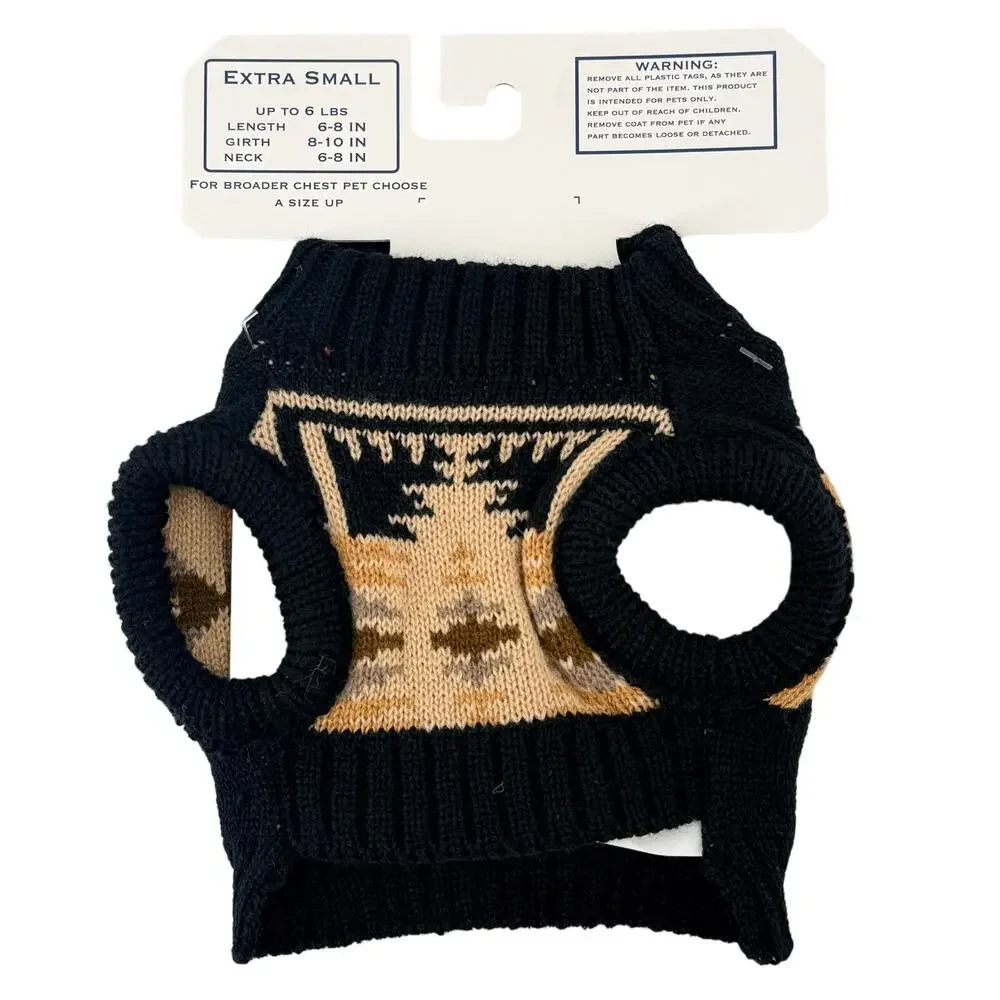 Pendleton Harding Aztec Knit Dog Pet Sweater Sz XS 3-6lbs Black Tan